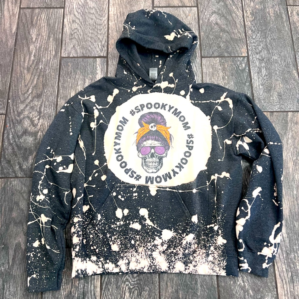 Spooky Mom Hooded Sweatshirt with front pockets- Charcoal bleached- Size M